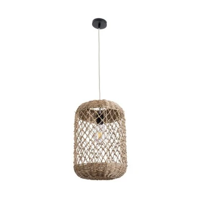 GloboStar® ECUADOR 02117 Boho Κρεμαστό Φωτιστικό Πλέγμα Μονόφωτο 1 x E27 IP20 Μπεζ Rattan - Μ28 x Π28 x Υ40cm