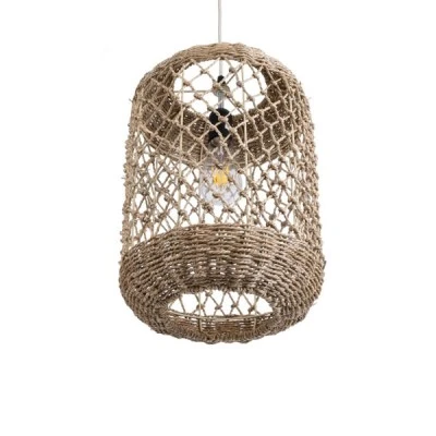GloboStar® ECUADOR 02117 Boho Κρεμαστό Φωτιστικό Πλέγμα Μονόφωτο 1 x E27 IP20 Μπεζ Rattan - Μ28 x Π28 x Υ40cm