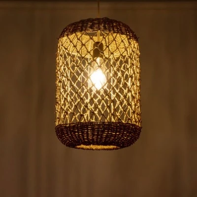 GloboStar® ECUADOR 02117 Boho Κρεμαστό Φωτιστικό Πλέγμα Μονόφωτο 1 x E27 IP20 Μπεζ Rattan - Μ28 x Π28 x Υ40cm