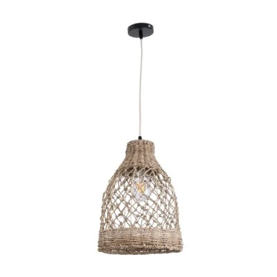 GloboStar® ECUADOR 02118 Boho Κρεμαστό Φωτιστικό Πλέγμα Μονόφωτο 1 x E27 IP20 Μπεζ Rattan - Μ25 x Π25 x Υ35cm