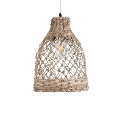 GloboStar® ECUADOR 02118 Boho Κρεμαστό Φωτιστικό Πλέγμα Μονόφωτο 1 x E27 IP20 Μπεζ Rattan - Μ25 x Π25 x Υ35cm