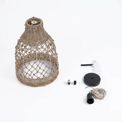 GloboStar® ECUADOR 02118 Boho Κρεμαστό Φωτιστικό Πλέγμα Μονόφωτο 1 x E27 IP20 Μπεζ Rattan - Μ25 x Π25 x Υ35cm