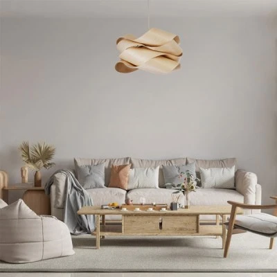 GloboStar® SARDIGNA 02181 Boho Κρεμαστό Φωτιστικό Οροφής Μονόφωτο 1 x E27 AC220-240V IP20 - Φ60 x Υ30cm - Μπεζ Λεπτό Φύλλο Ξύλου Πλέγμα