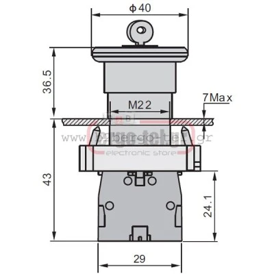 Μπουτόν πόρτας πίνακος LEY5-BS142 μεταλλικό 230V Φ22 με μανιτάρι & μανδάλωση Φ40 & κλειδί