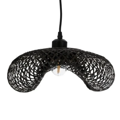 GloboStar® MEXICO 02200 Boho Κρεμαστό Φωτιστικό Πλέγμα Μονόφωτο 1 x E27 IP20 Μαύρο Ξύλο - Μ40 x Π30 x Υ13cm