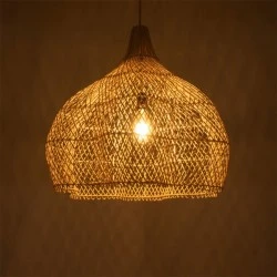 GloboStar® ADEJE 02210 Boho Κρεμαστό Φωτιστικό Μονόφωτο 1 x E27 AC220-240V IP20 - Φ60 x Υ60cm - Μπεζ Ξύλινο Μπαμπού Πλέγμα Καμπάνα