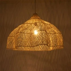 GloboStar® ADEJE 02211 Boho Κρεμαστό Φωτιστικό Μονόφωτο 1 x E27 AC220-240V IP20 - Φ80 x Υ55cm - Μπεζ Ξύλινο Μπαμπού Πλέγμα Καμπάνα