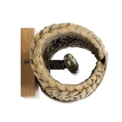 GloboStar® GUAVA 02222 Boho Φωτιστικό Τοίχου - Απλίκα Δίφωτο 2 x G9 AC220-240V IP20 - Μ11 x Π13 x Υ30cm - Σκούρο Μπεζ Ξύλινο Μπαμπού Πλέγμα με Μπεζ Δέρμα - 5 Χρόνια Εγγύηση