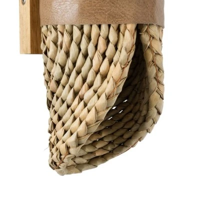 GloboStar® GUAVA 02222 Boho Φωτιστικό Τοίχου - Απλίκα Δίφωτο 2 x G9 AC220-240V IP20 - Μ11 x Π13 x Υ30cm - Σκούρο Μπεζ Ξύλινο Μπαμπού Πλέγμα με Μπεζ Δέρμα - 5 Χρόνια Εγγύηση