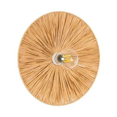 GloboStar® COLOMBO 02277 Boho Φωτιστικό Τοίχου - Απλίκα Μονόφωτο 1 x E27 AC 220-240V IP20 - Φ40 x Υ4.5cm - Μπεζ Καφέ Φυσική Ράφια Άχυρο Πλέγμα