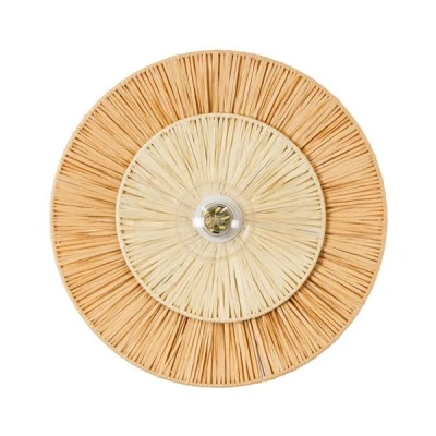 GloboStar® COLOMBO 02278 Boho Φωτιστικό Τοίχου - Απλίκα Μονόφωτο 1 x E27 AC 220-240V IP20 - Φ40 x Υ4.5cm - Μπεζ με Μπεζ Καφέ Φυσική Ράφια Άχυρο Πλέγμα