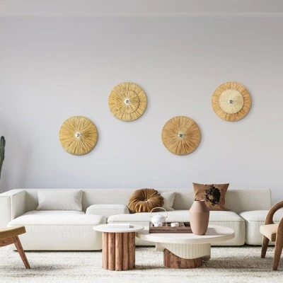 GloboStar® COLOMBO 02278 Boho Φωτιστικό Τοίχου - Απλίκα Μονόφωτο 1 x E27 AC 220-240V IP20 - Φ40 x Υ4.5cm - Μπεζ με Μπεζ Καφέ Φυσική Ράφια Άχυρο Πλέγμα