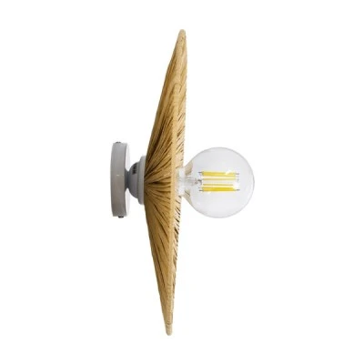GloboStar® COLOMBO 02283 Boho Φωτιστικό Τοίχου - Απλίκα Μονόφωτο 1 x E27 AC 220-240V IP20 - Φ40 x Υ4.5cm - Μπεζ Καφέ Φυσική Ράφια Άχυρο Πλέγμα