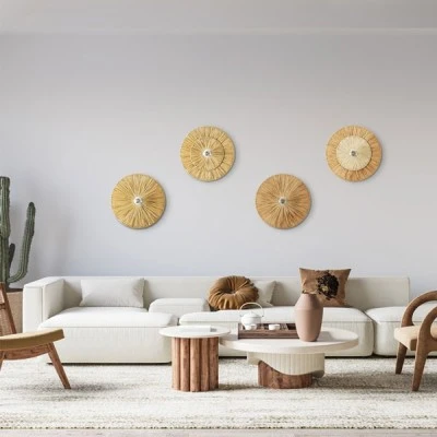 GloboStar® COLOMBO 02283 Boho Φωτιστικό Τοίχου - Απλίκα Μονόφωτο 1 x E27 AC 220-240V IP20 - Φ40 x Υ4.5cm - Μπεζ Καφέ Φυσική Ράφια Άχυρο Πλέγμα