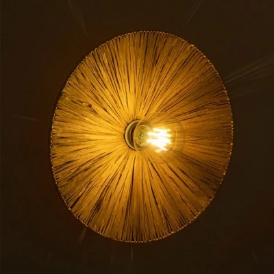 GloboStar® COLOMBO 02283 Boho Φωτιστικό Τοίχου - Απλίκα Μονόφωτο 1 x E27 AC 220-240V IP20 - Φ40 x Υ4.5cm - Μπεζ Καφέ Φυσική Ράφια Άχυρο Πλέγμα