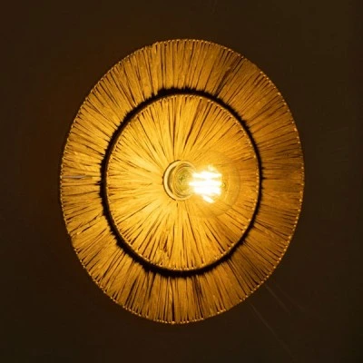 GloboStar® COLOMBO 02284 Boho Φωτιστικό Τοίχου - Απλίκα Μονόφωτο 1 x E27 AC 220-240V IP20 - Φ40 x Υ4.5cm - Μπεζ Καφέ Φυσική Ράφια Άχυρο Πλέγμα