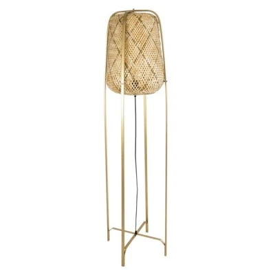 GloboStar® MEILANI 02301 Boho Επιδαπέδιο Φωτιστικό Μονόφωτο 1 x E27 AC220-240V IP20 - Φ40 x Υ150cm - Χρυσό Μεταλλικό με Μπεζ Ξύλινο Ρατάν Πλέγμα - 5 Χρόνια Εγγύηση