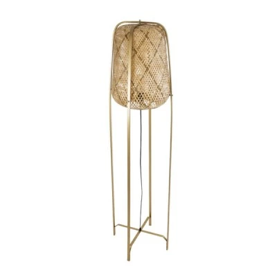 GloboStar® MEILANI 02301 Boho Επιδαπέδιο Φωτιστικό Μονόφωτο 1 x E27 AC220-240V IP20 - Φ40 x Υ150cm - Χρυσό Μεταλλικό με Μπεζ Ξύλινο Ρατάν Πλέγμα - 5 Χρόνια Εγγύηση