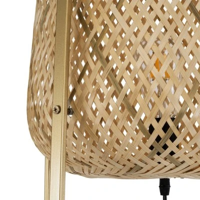 GloboStar® MEILANI 02301 Boho Επιδαπέδιο Φωτιστικό Μονόφωτο 1 x E27 AC220-240V IP20 - Φ40 x Υ150cm - Χρυσό Μεταλλικό με Μπεζ Ξύλινο Ρατάν Πλέγμα - 5 Χρόνια Εγγύηση