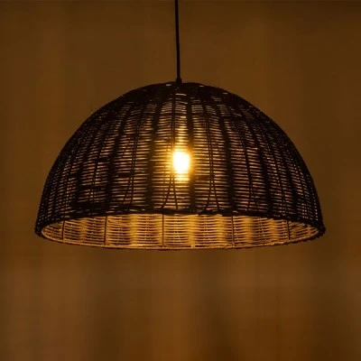 GloboStar® MONTANA 02383 Boho Κρεμαστό Φωτιστικό Καμπάνα Μονόφωτο 1 x E27 IP20 Μαύρο Ξύλο - Μ50 x Π50 x Υ25cm