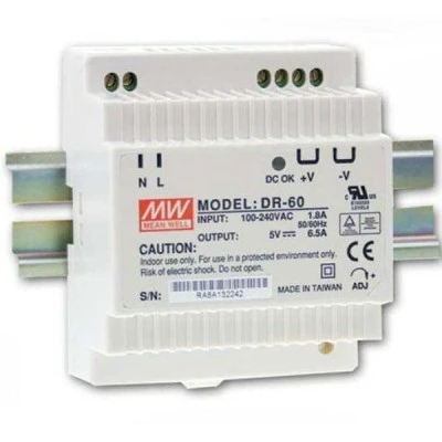 Τροφοδοτικό ράγας MEAN WELL DR60-5 32W 5V 6.50A με προστασία βραχυκυκλώματος και ενδεικτικό led Τροφοδοτικό ράγας MEAN WELL DR60-5 32W 5V 6.50A με προστασία βραχυκυκλώματος και ενδεικτικό led