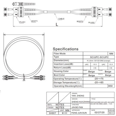 Patch cord οπτικής ίνας πολύτροπο DUPLEX 50/125 SC/SC μήκους 20.0m