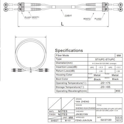 Patch cord οπτικής ίνας DUPLEX SUT πολύτροπο 50/125 ST/ST μήκους 3.0m
