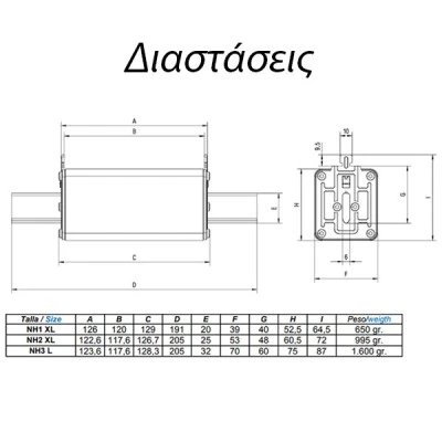 Μαχαιρωτό φυσίγγιο ΝΗ3 XL 355Α 1500V DC 372450 με ικανότητα διακοπής 10ΚΑ