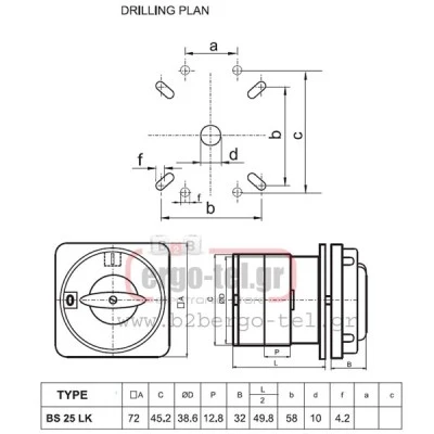 Διακόπτης περιστροφικός (έκκεντρου) PS2510LK τριφασικός με εντολή 0-1 3Χ25Α ειδική χειρολαβή