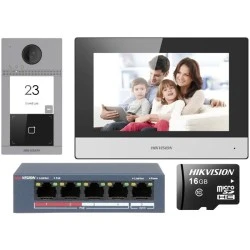 Kit IP θυροτηλεόρασης Hikvision DS-KIS604-S(C) αποτελούμενο απο μπουτονιέρα μόνιτορ 7’’ WiFi /Ethernet , Ethernet PoE switch & κάρτα μνήμης
