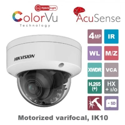 Δικτυακή κάμερα Dome Hikvsion 4MP Smart Hybrid Light ColorVu, μεγάλο αισθητήριο 1/1.8ʺ φακός motorized varifocal 2.8~12mm