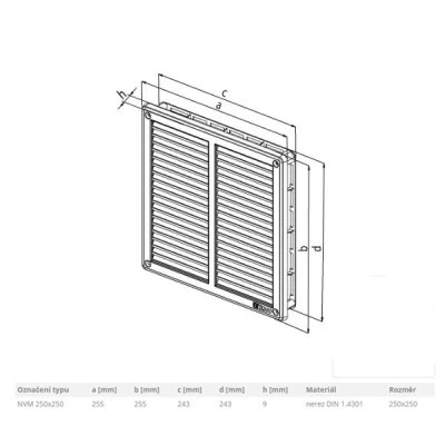 Περσίδα εξαερισμού ανοξείδωτη NVM 255x255mm με πλαίσιο και πλέγμα 250x250