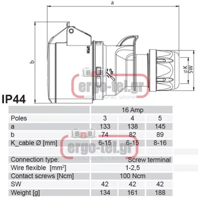 Βιομηχανικός ρευματοδότης προεκτάσεως 4x16A (φις θηλυκό) τριφασικός 400V IP44 PCE 214-6 Βιομηχανικός ρευματοδότης προεκτάσεως 4x16A (φις θηλυκό) τριφασικός 400V IP44 PCE 214-6