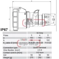 Βιομηχανικός ρευματοδότης προεκτάσεως 4x32A 3P+E (φις θηλυκό) τριφασικός 400V IP67 PCE 2242-6