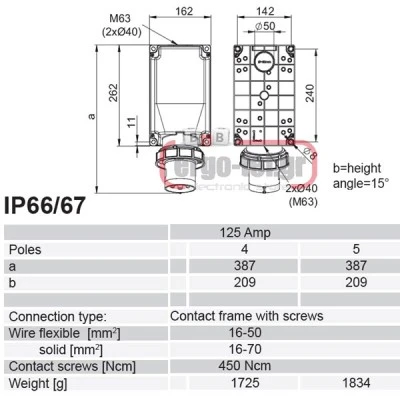 Βιομηχανικός ρευματολήπτης τοίχου PCE 545-6 5x125A (αρσενικό) τριφασικός 400V με IP67 Βιομηχανικός ρευματολήπτης τοίχου PCE 545-6 5x125A (αρσενικό) τριφασικός 400V με IP67