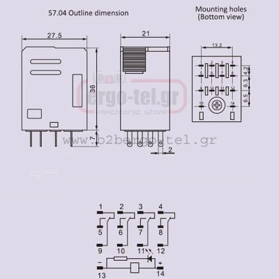 Μικρορελέ τετράγωνο 14ποδών 57.04 6Α 4επαφών 4C/O 48VDC με ενσωματωμένο LED ALION
