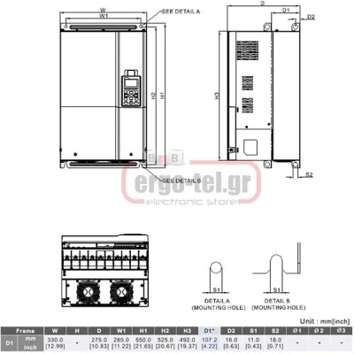 Ρυθμιστής στροφών (INVERTER) 45KW 60HP 91A για εφαρμογές ανεμιστήρων & αντλιών DELTA VFD450CP43S