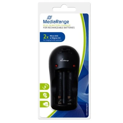 Plug-in φορτιστής MEDIARANGE για Ni-MH μπαταρίες 2 θέσεων σε μαύρο χρώμα για μεγαλύτερη διάρκεια ζωή
