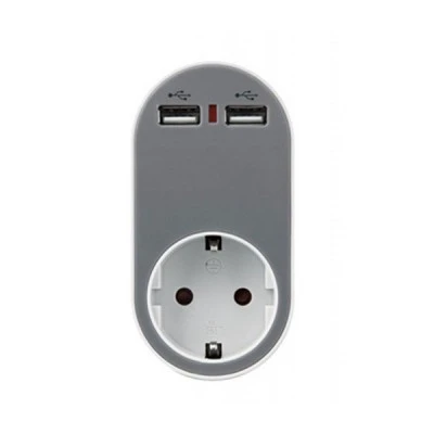 Αντάπτορας ασφαλείας σε σούκο και 2 USB 5V 2.4A 250V 3680W σε γκρι χρώμα με γείωση