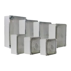 Εξωτερικό κουτί διαστάσεων 240x190x90mm στεγανό ΙΡ55 σε γκρί χρώμα με διαφανές καπάκι