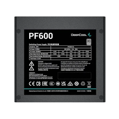 Τροφοδοτικό Η/Υ DEEPCOOL PF600 600W με πιστοποίηση 80 Plus και ενεργό PFC σε μαύρο χρώμα