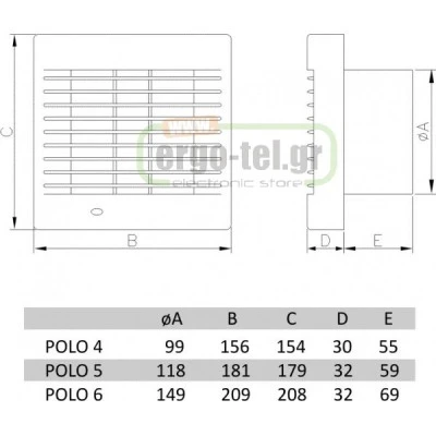 Εξαεριστήρας μπάνιου POLO Φ150 20W με αυτόματες περσίδες 2650rpm 230V 280 m³/h 47dB
