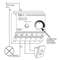 Ρυθμιστής φωτισμού DR-1 230V 1KW ράγας τοπικού χειρισμού ωμικών φορτίων(δέχεται διακόπτη ON-OFF)