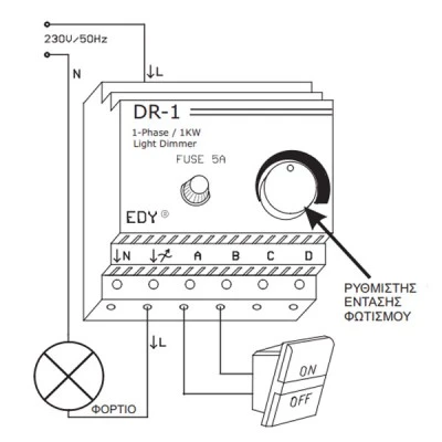 Ρυθμιστής φωτισμού DR-1 230V 1KW ράγας τοπικού χειρισμού ωμικών φορτίων(δέχεται διακόπτη ON-OFF)