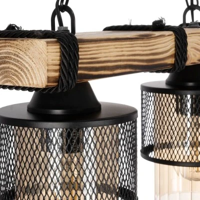 Φωτιστικό GLORA Vintage κρεμαστό ράγα δίφωτο 2xE27 μπεζ ξύλο με μαύρο μέταλλο & μελί γυαλί Μ40xΠ15xΥ65cm