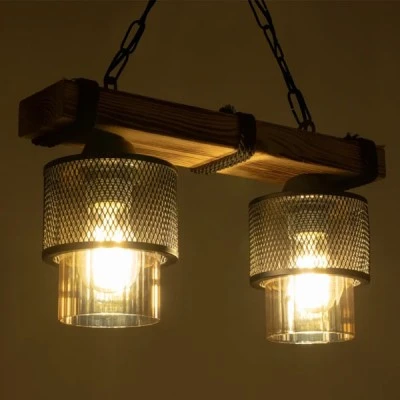 Φωτιστικό GLORA Vintage κρεμαστό ράγα δίφωτο 2xE27 μπεζ ξύλο με μαύρο μέταλλο & μελί γυαλί Μ40xΠ15xΥ65cm