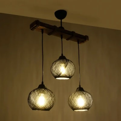 Φωτιστικό κρεμαστό LUMA Vintage με ράγα τρίφωτο 3xE27 μπεζ ξύλο με μαύρο σχοινί με διάσταση Μ50 x Π20 x Υ63cm