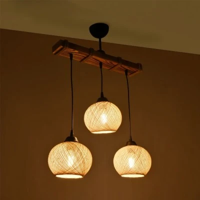 Φωτιστικό LUMA Vintage κρεμαστό  με ράγα τρίφωτο 3 x E27 μπεζ ξύλο μπεζ σχοινί με διάσταση Μ50 x Π20 x Υ63cm