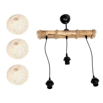 Φωτιστικό LUMA Vintage κρεμαστό  με ράγα τρίφωτο 3 x E27 μπεζ ξύλο μπεζ σχοινί με διάσταση Μ50 x Π20 x Υ63cm