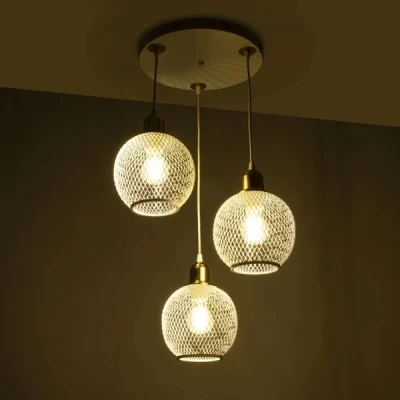Φωτιστικό VIVIDUS Vintage κρεμαστό φωτιστικό Πλέγμα τρίφωτο 3 x E27 IP20 λευκό & χρυσό μέταλλο διάστασης Μ32xΠ32xΥ70cm